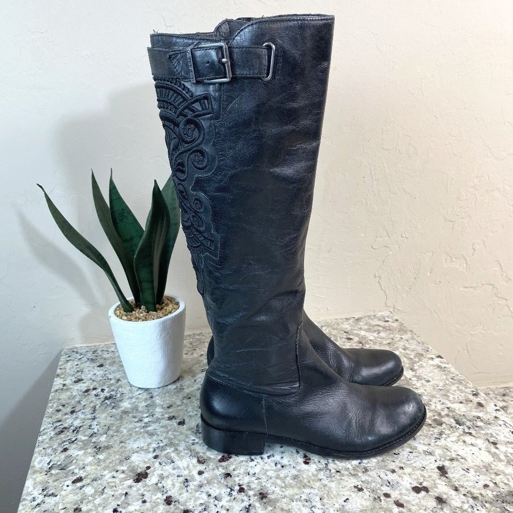 Gianni‎ Bini Black Leather Tall Boots Embroidered Back Buckle Detail Womens